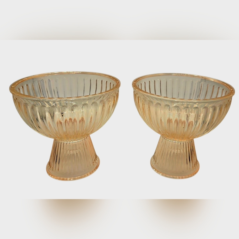 Vintage Peach Color Fluted Glass Pedestal Style Candy Serving Dishes Set Of 2